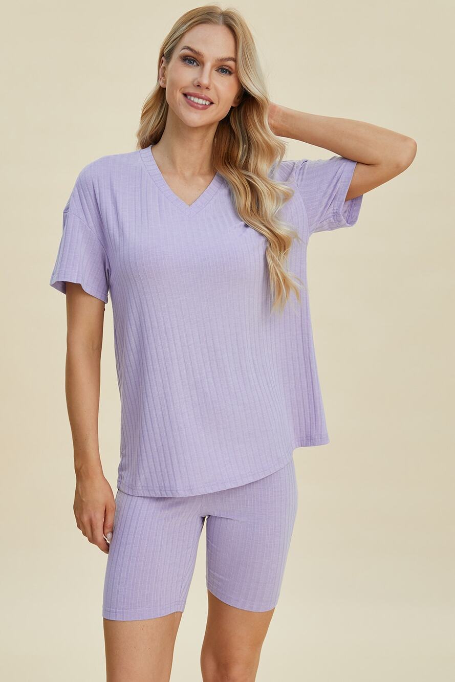 BASIC BAE Lavender Ribbed V-Neck Short Sleeve Top and Shorts Set NEW Misses Plus